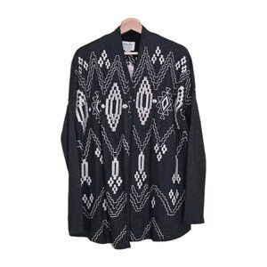 Lucky Lotus Aztec Tribal Embroidered Cardigan Women M Gray Cotton Boho Lagenlook
